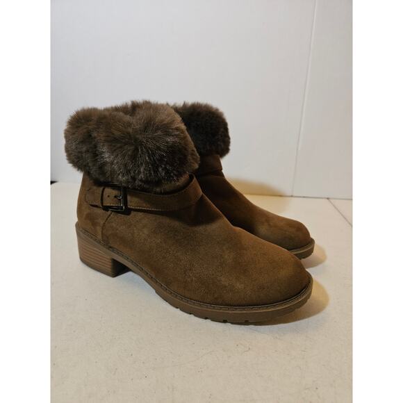 Ladies brown slip on ankle booties with faux fur trim - size 9 - Picture 1 of 9